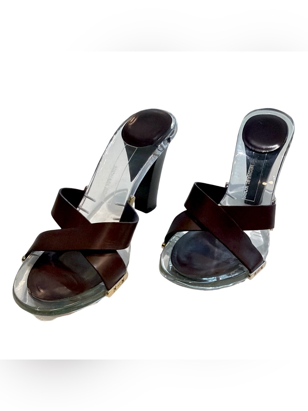 Michael Kors Brown Crisscross Leather Heeled Mules with Gold Accents